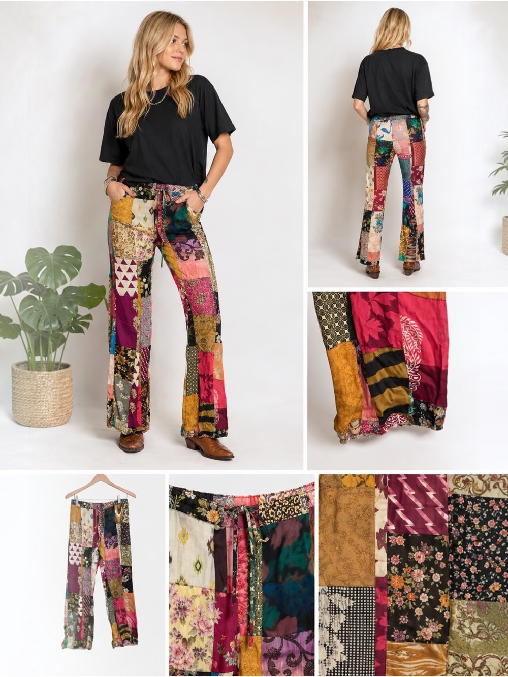 Boho Patchwork Wide-Leg Pants - Black Multicolor
